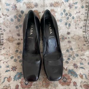 Prada Black Square Toe Leather Platform Vintage Heels